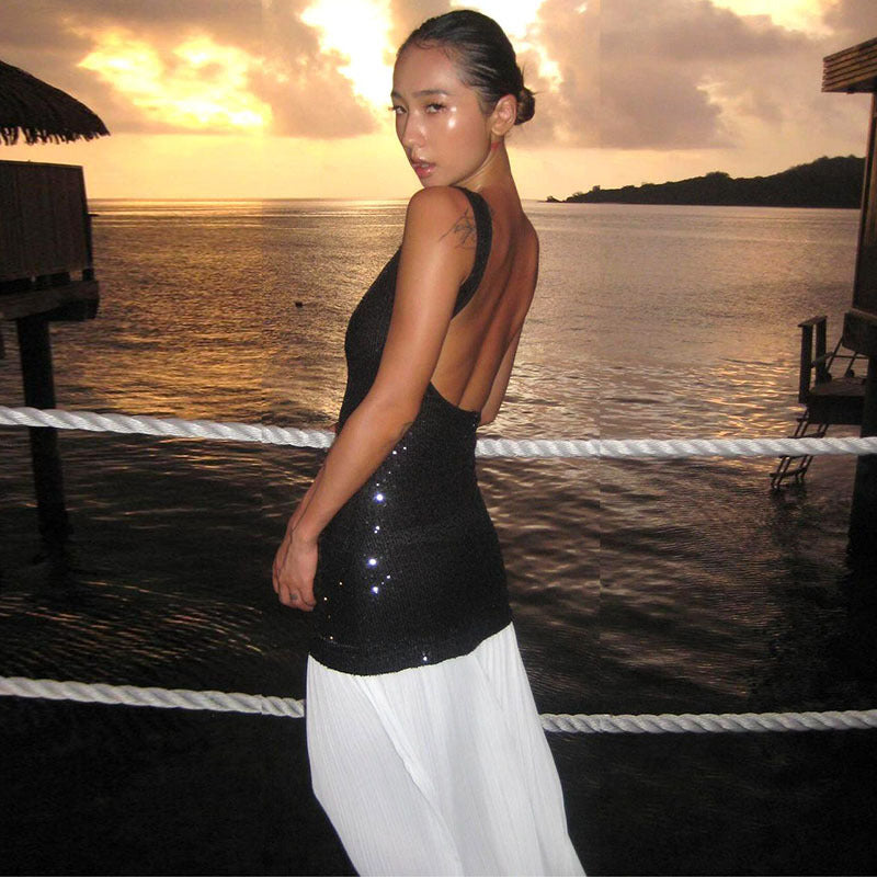 Color-Block Sequin Backless Sleeveless Bodycon Maxi Dress