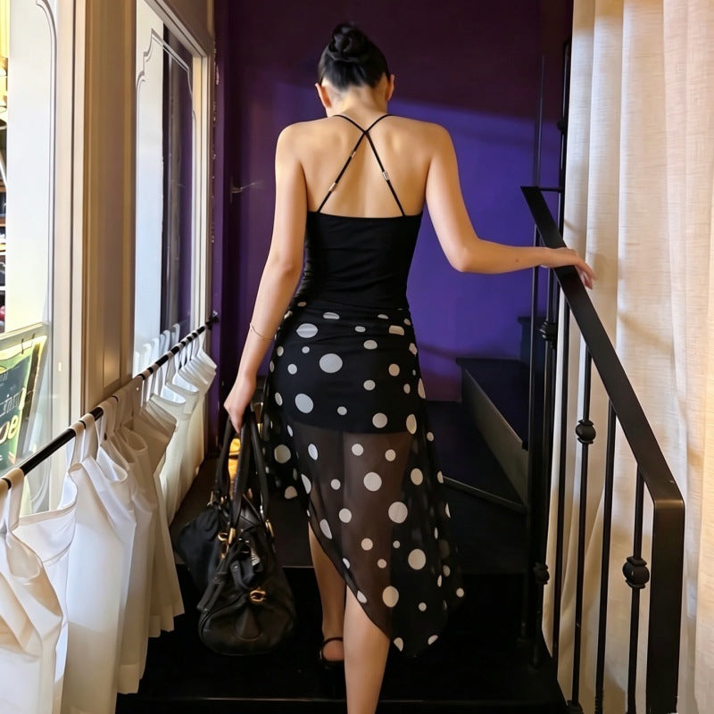 Women's Polka-Dot Mesh Asymmetric Skirt