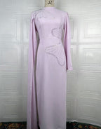 Lavender satin maxi dress with long sleeves and beaded swirl embroidery on back