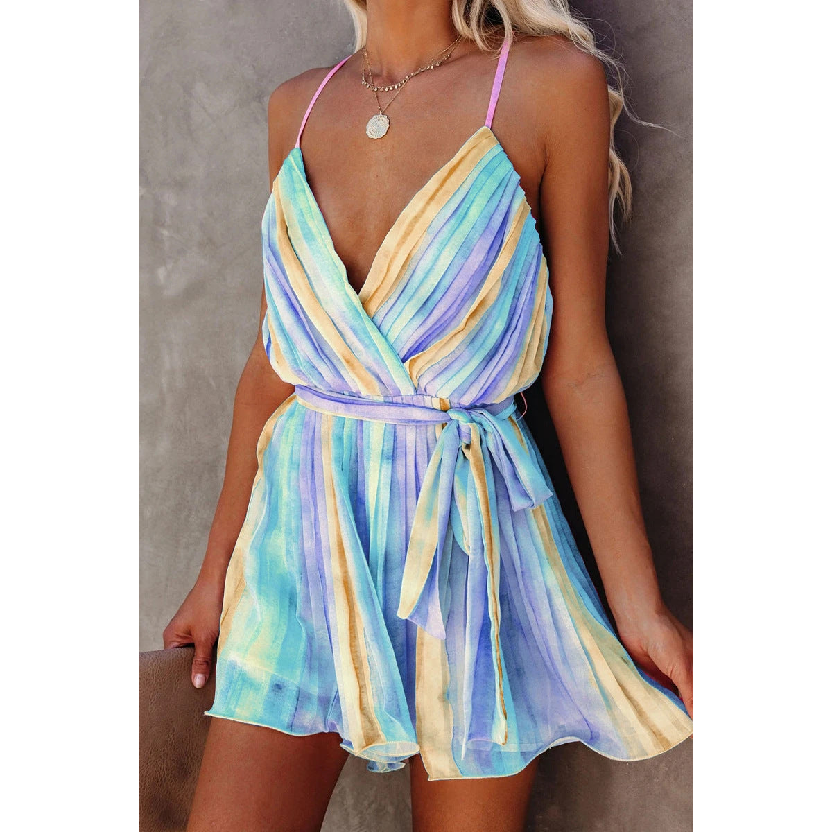 Suspender Pleated Chiffon Home Lace-Up V-Neck Chiffon Dress