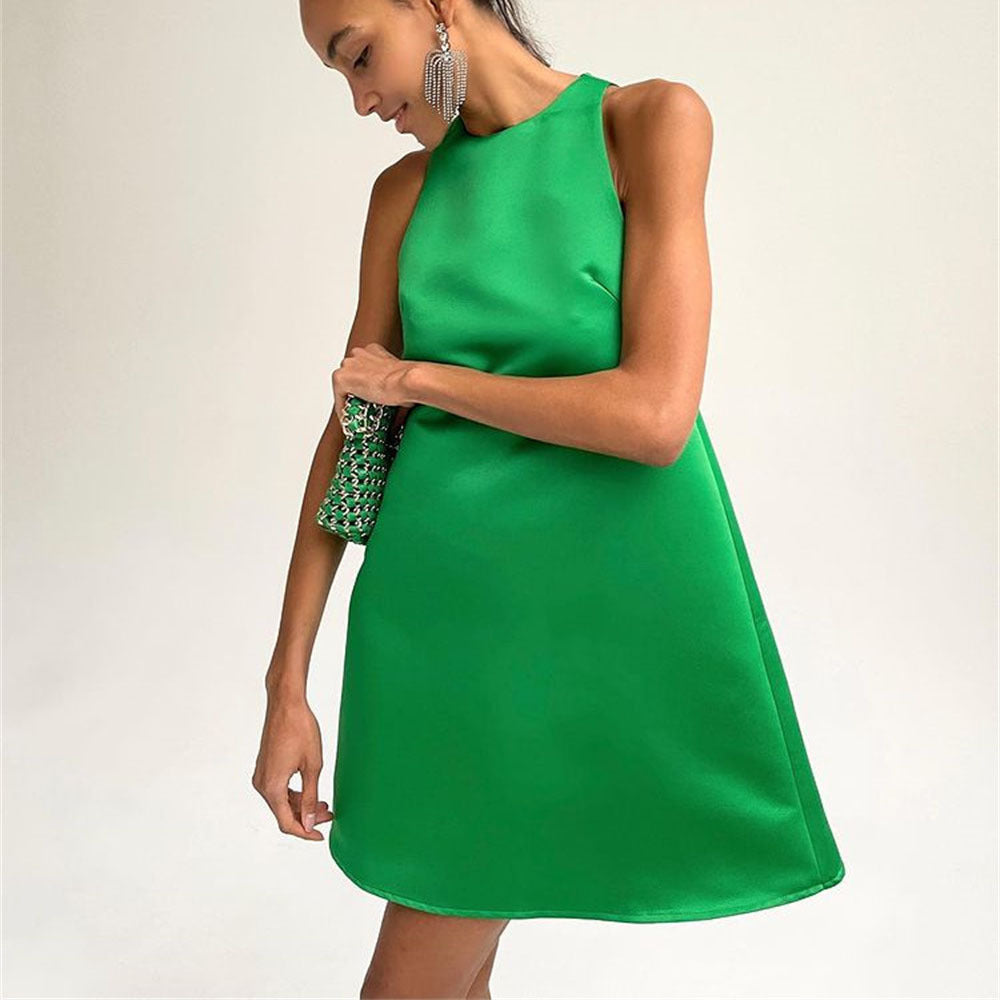 Spring Summer Satin Dress round Neck Sleeveless A-Line Party Dance