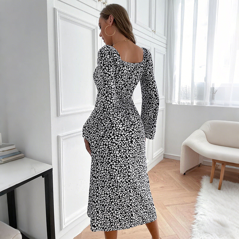 Retro Square-Collar Tight Waist Black White Floral Dress