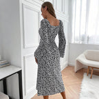 Retro Square-Collar Tight Waist Black White Floral Dress