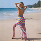 Halter bikini top and chevron wave cover-up skirt with long fringe ties