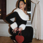Women's Sexy Fur Collar Stitching Slim Fit Oblique Shoulder Color Matching Long Sleeve Elegant Dress