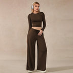 Women's Brown Cropped Top & Wide-Leg Pants Set