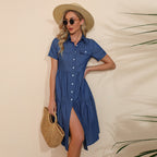 Collared Retro Casual Solid Color Denim Shirt Short Sleeve Dress