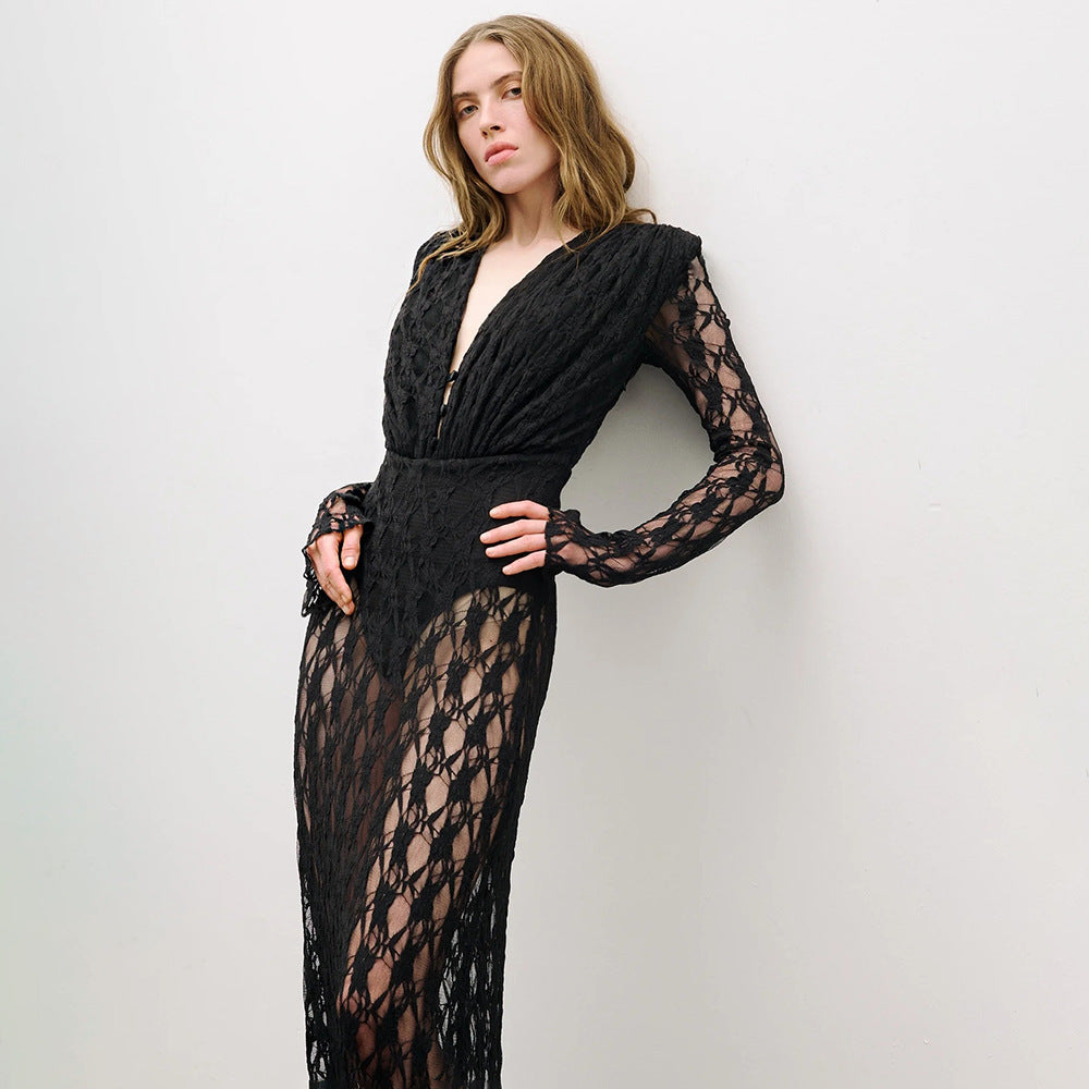 Women's Autumn Winter French Lace Long Sleeve Lining Dress Evening Christmas