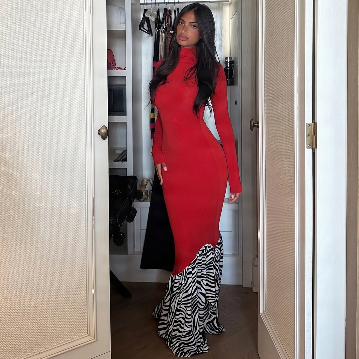 Women's Red Zebra-Print Turtleneck Mini Dress