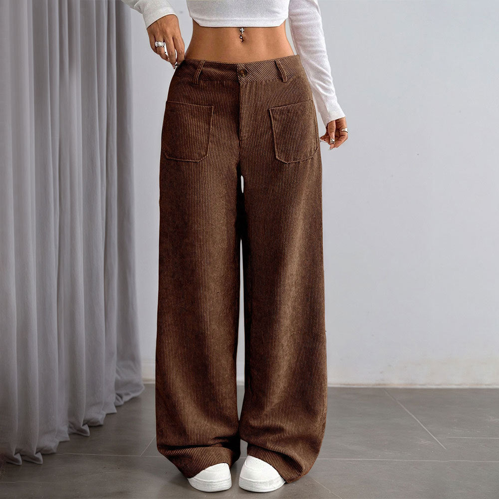 Women's Corduroy Autumn Winter Dark Brown Vertical Stripes High Waist Wide Leg Pants Loose Slimming Casual Pants For Women