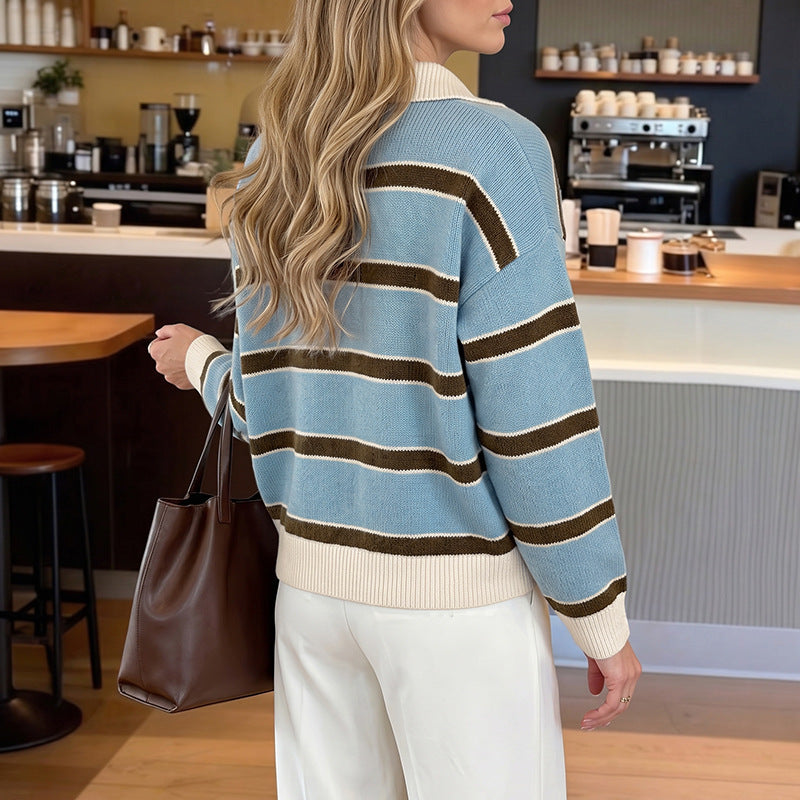 Women's Striped Collared Knit Cardigan