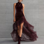 Velvet Turtleneck Sleeveless Evening Dress Pleated Slim Irregular Asymmetr