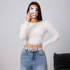 Women's Tassel Trim Slim Fit Long Sleeve Top