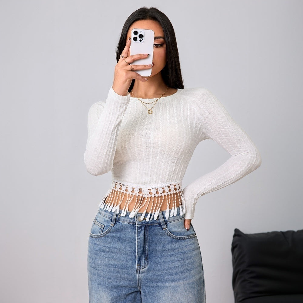 Women's Tassel Trim Slim Fit Long Sleeve Top