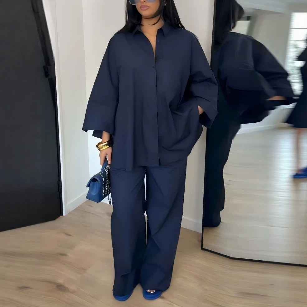 Women Summer Casual Loose Oversized Shirt Trousers Set