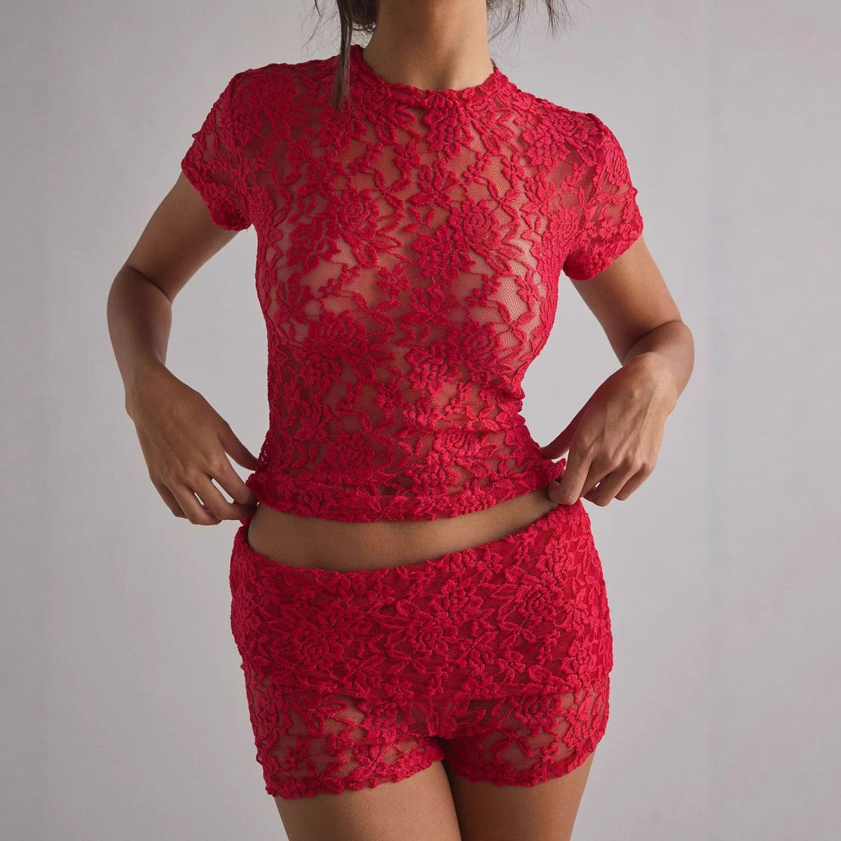 Women's Lace See Through Round Neck Short Sleeve T-Shirt Top Shorts