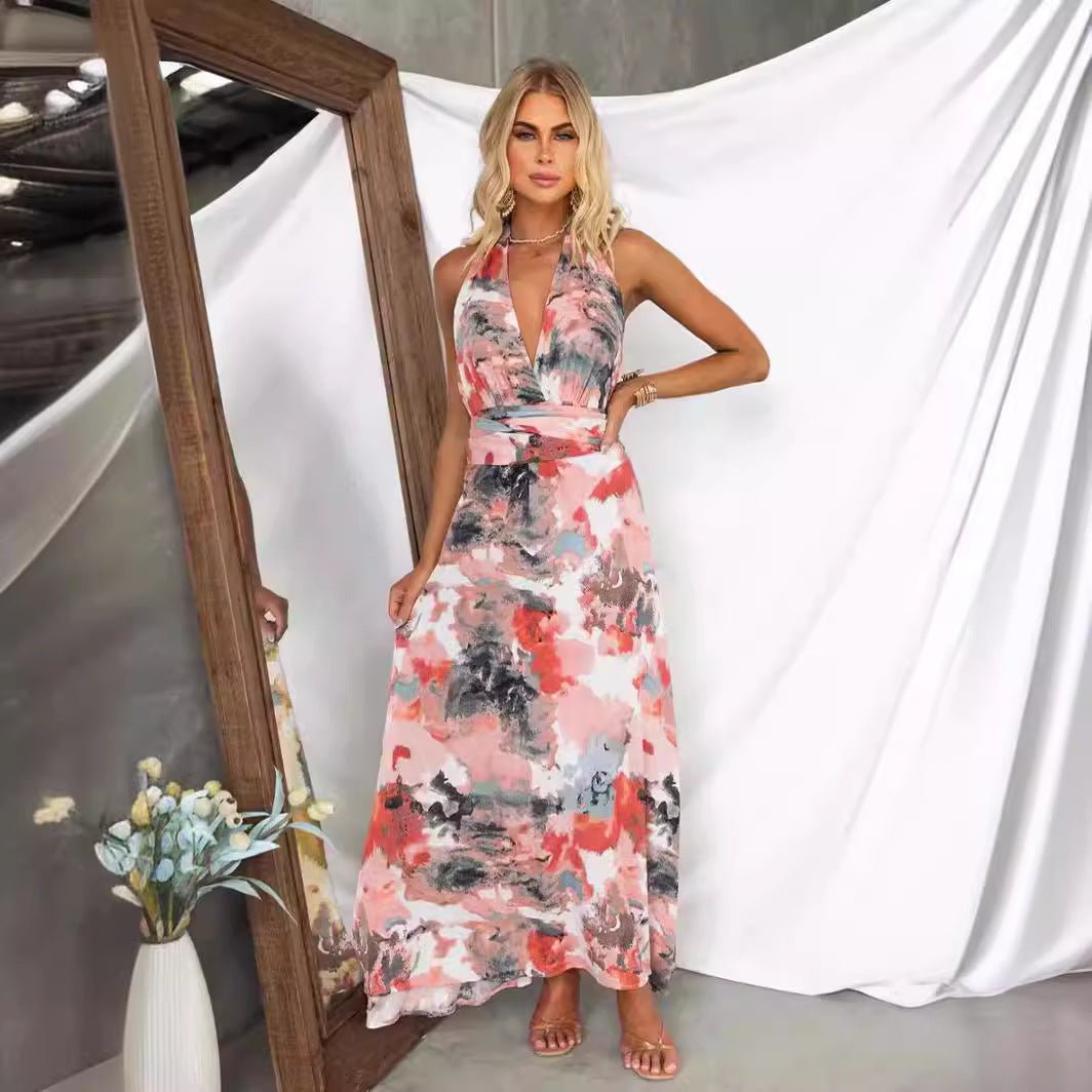 Women's Printing Tied V neck Waist Tight A line Dress