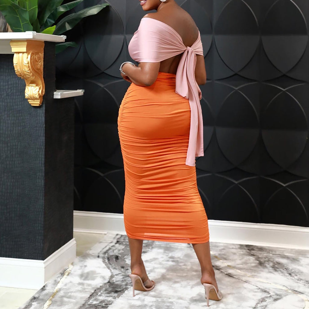 Women's Backless Lace-Up Pleated Color-Block Dress