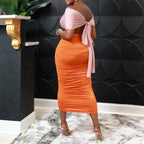 Women's Backless Lace-Up Pleated Color-Block Dress