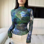 Floral Print Gauze Stand Collar Top