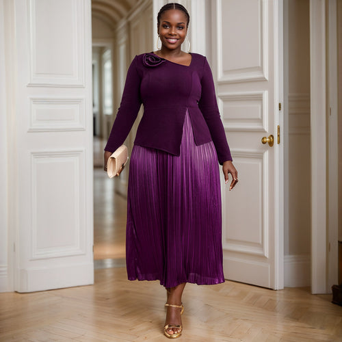 Elegant Purple Pleated Party Cocktail A-Line Pleated Dress