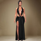 Solid Color Halter Sleeveless Backless Deep V-Neck Plunge Ribbon Maxi Dress