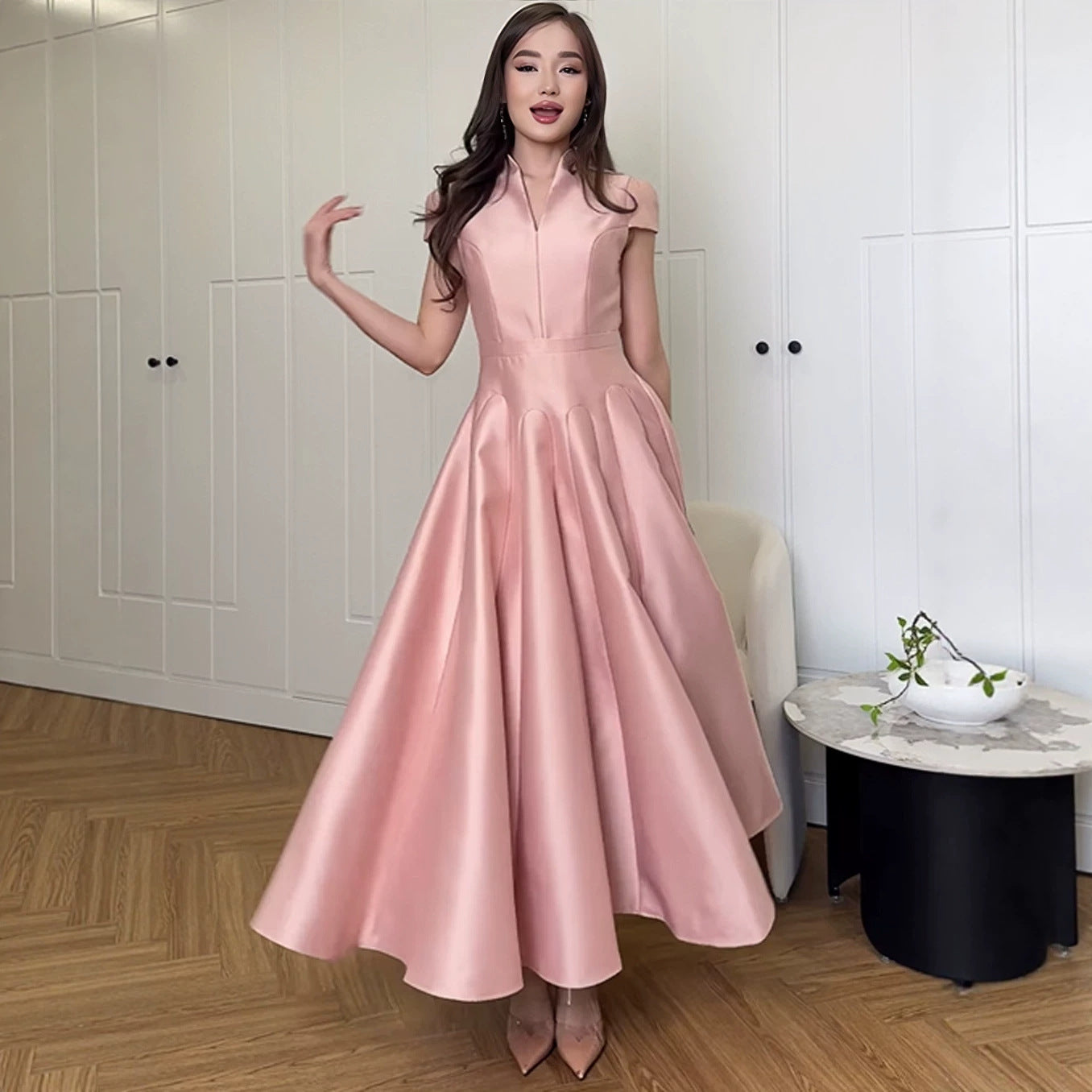 Pink short-sleeve fit-and-flare summer dress with pleated full skirt