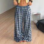 Women's Retro Plaid Wide-Leg Drawstring Pants