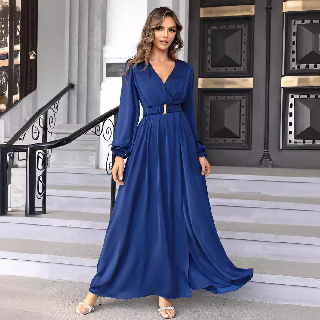 Women's V-Neck Chiffon Long-Sleeve Evening Dress