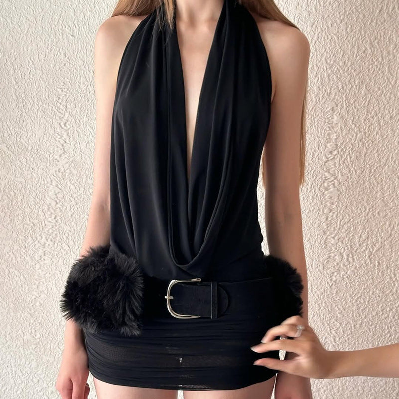 Women's Hollowed Out Backless Halter Deep V Plunge Hip Matching Dress