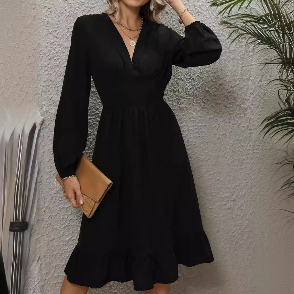 Women's Ruched V-Neck Long-Sleeve A-Line Dress