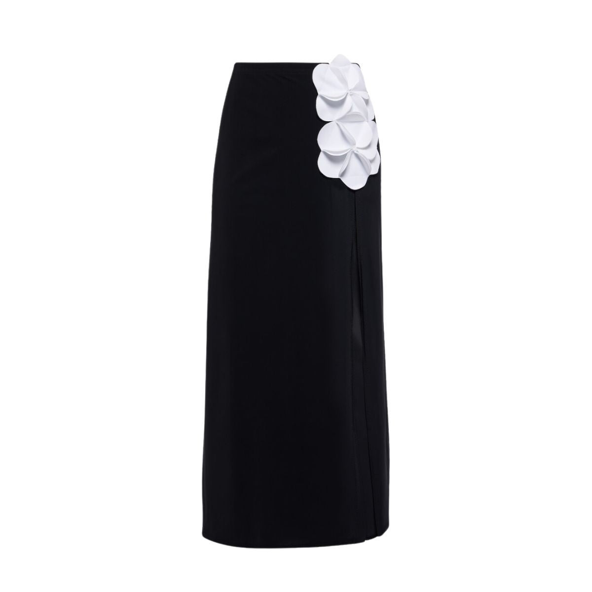 Black swim skirt with white flower applique at waistband