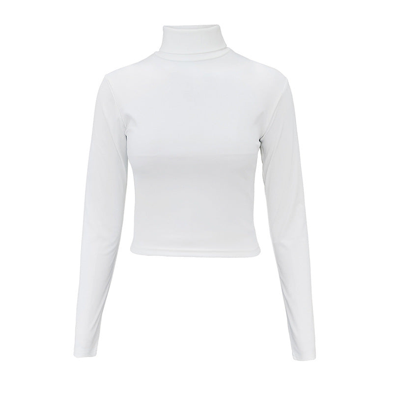Women's Fashion Sexy Women Clothing Cropped Autumn Push-Up Tops Skinny Short Slimming High Collar Long Sleeve T-Shirt