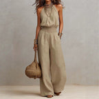 Bohemian Halter Jumpsuit Smocking Waist Slim Backless WL