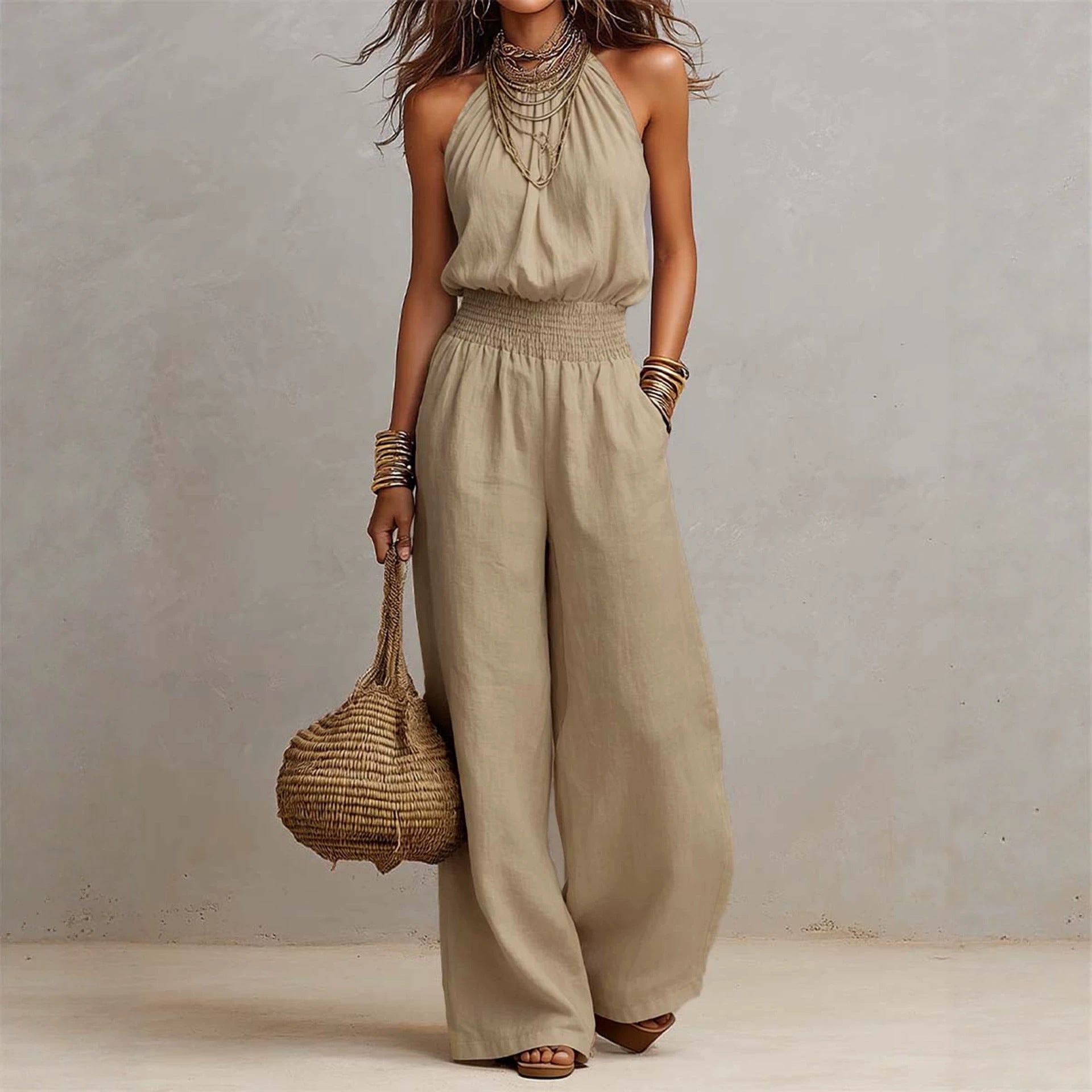Bohemian Halter Jumpsuit Smocking Waist Slim Backless WL