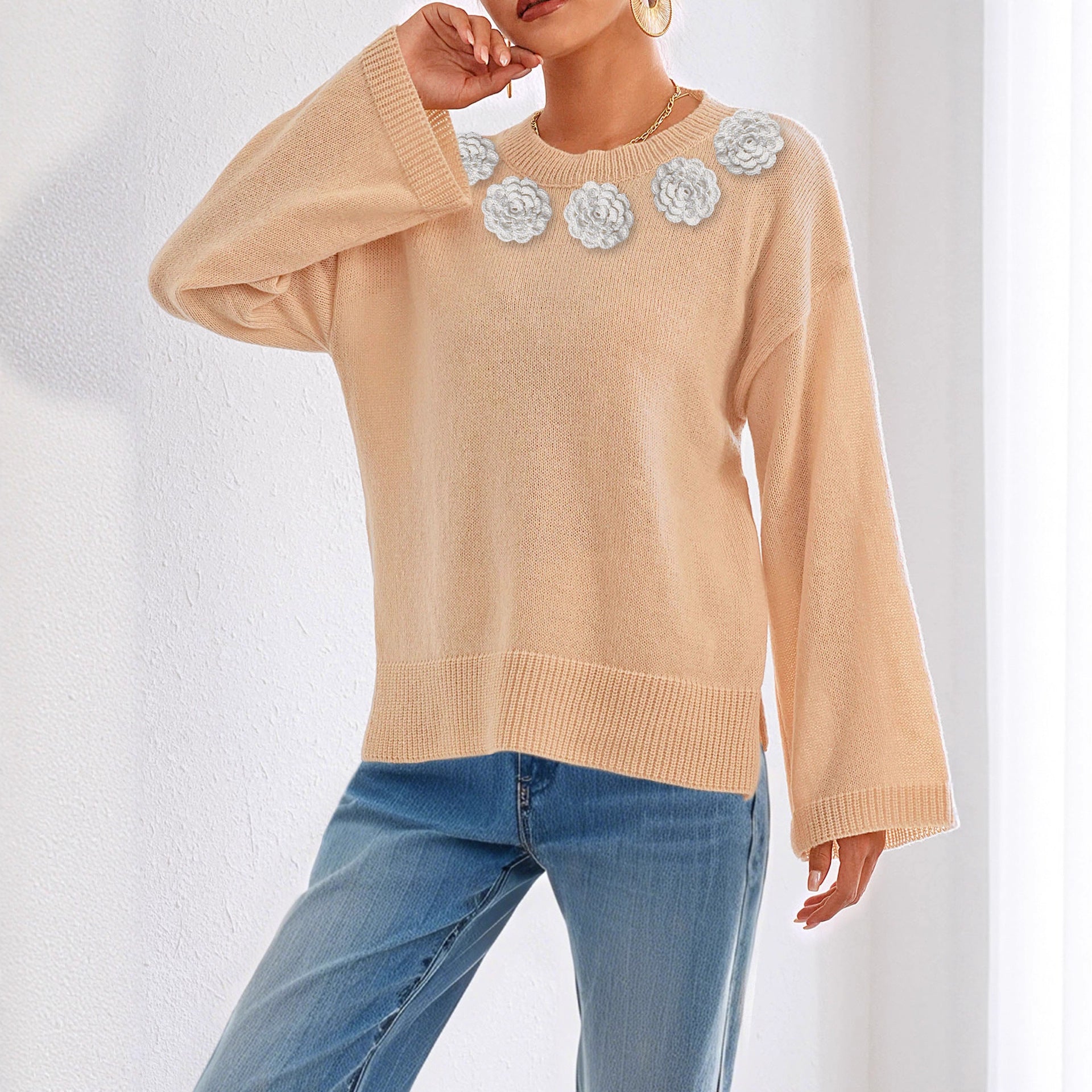 Crochet Stitching Autumn Winter Loose Comfort Casual Solid Color Long Sleeved Top Crew Neck Pullover Sweater Women