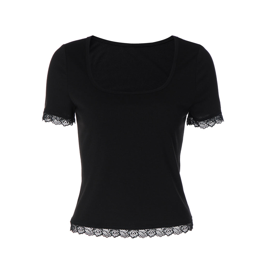 Women Summer Lace Stitching T shirt Slim U Neck Bottoming Top