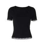 Women Summer Lace Stitching T shirt Slim U Neck Bottoming Top