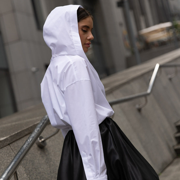 Cotton White Long Sleeved Hooded Shirt Cardigan