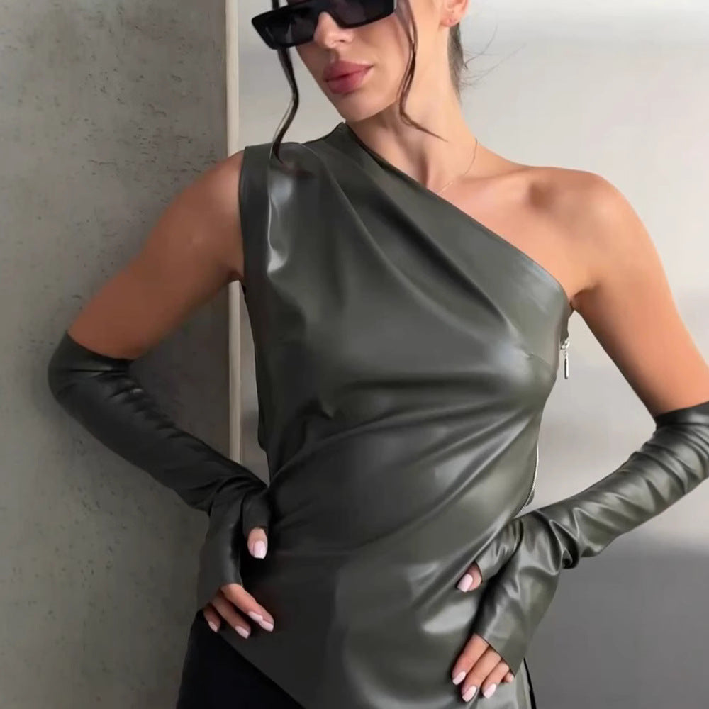 's Leather Jacket Diagonal Collar Off The Shoulder Irregular