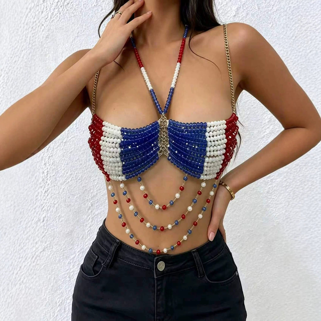Red Blue Together Handmade Beaded Sling Holiday Music Festival Sexy Heavy Industry Exposed Cropped Outerwear Top Women