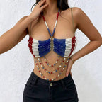 Red Blue Together Handmade Beaded Sling Holiday Music Festival Sexy Heavy Industry Exposed Cropped Outerwear Top Women