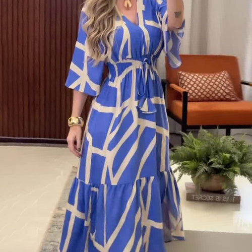 Summer U Neck Printed Long-Sleeve Flared Sleeves Slim Dress