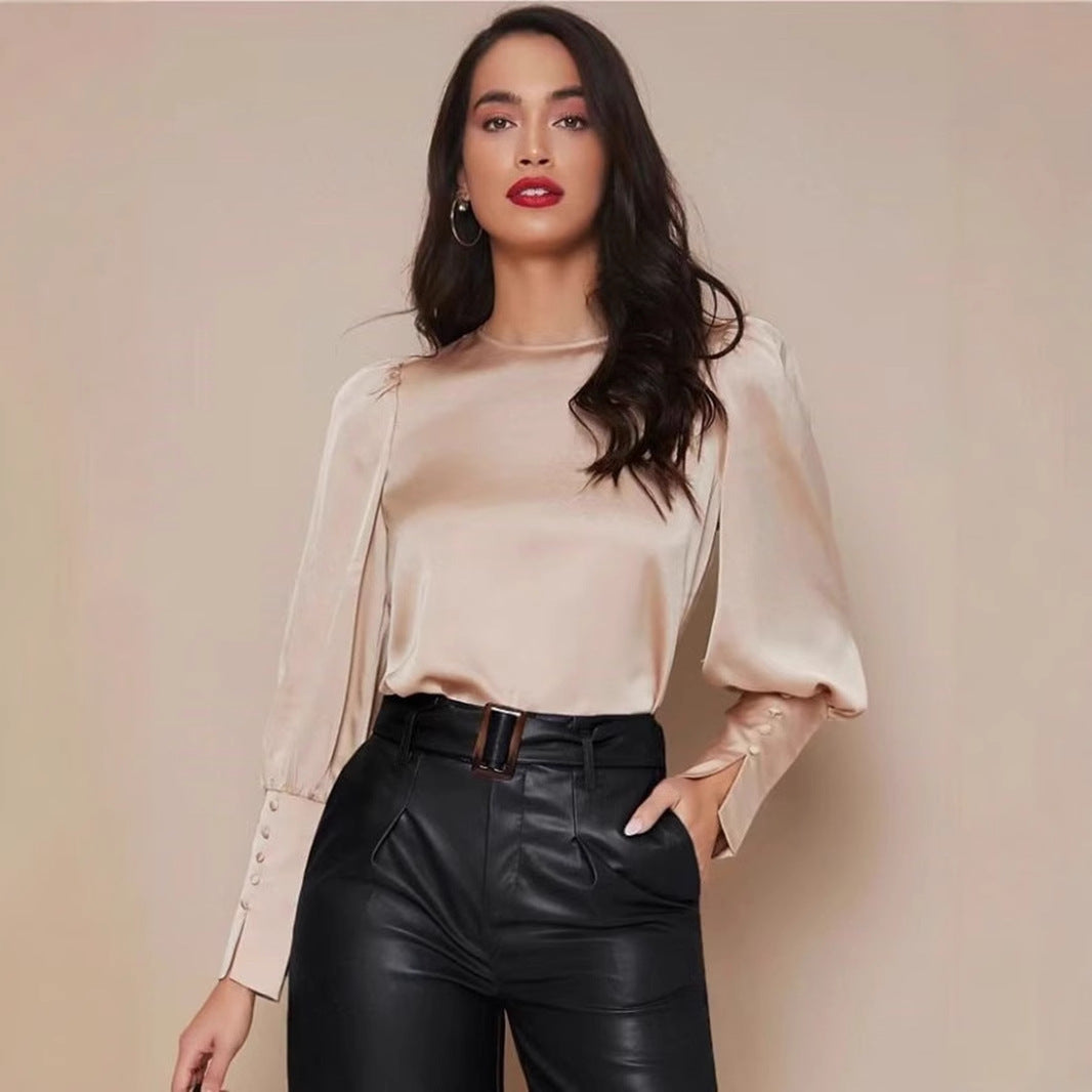 Women's Long Sleeve Lantern Sleeve Satin Shirt