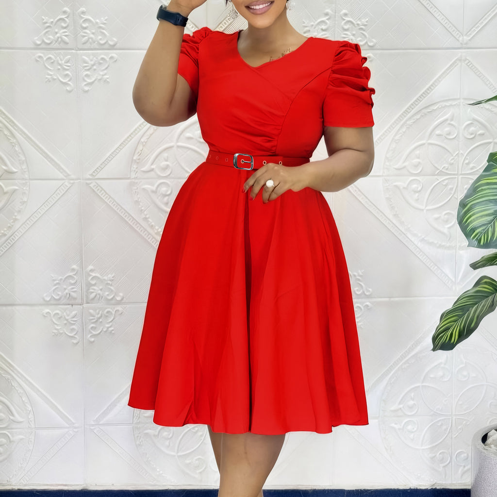 Women's Belted V-Neck Midi Dress