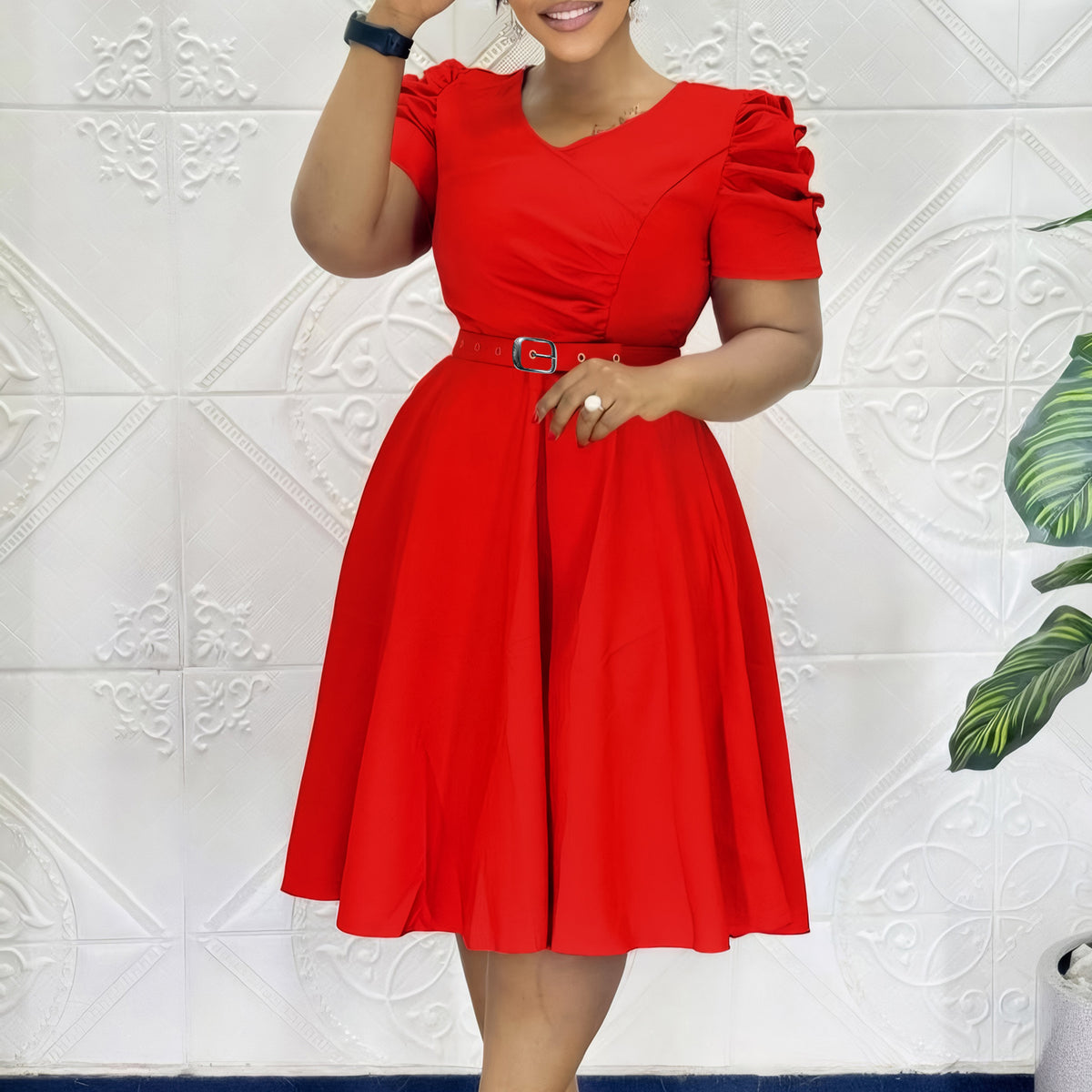 Women's Belted V-Neck Midi Dress
