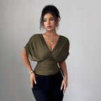Women's Elegant Sexy Solid Color Deep V Plunge Neck Flying Sleeve Waist Tight Women Top