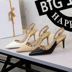 High Heel Women Shoes Pana Pointed Toe Shallow Mouth Rivet Decorative Ankle Strap Buckle Hollow Out Cutout Stiletto Heel