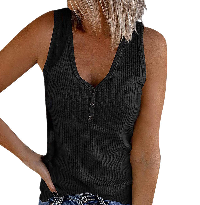 Women's V-Neck Button Sleeveless Vest Top