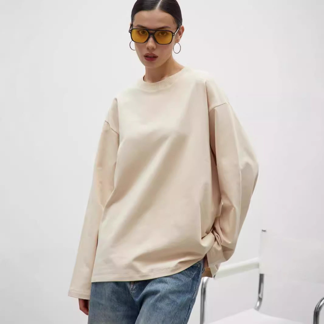 Women's Solid Color Long-Sleeved T-Shirt Loose Fitting Round Neck